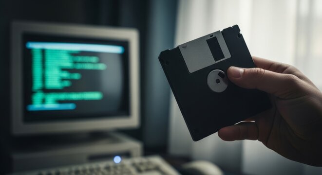 Hand holding floppy disk near vintage computer screen with glowing code, representing early computing and data storage