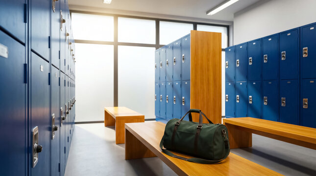 Modern gym locker room with blue lockers and sports bag on wooden bench