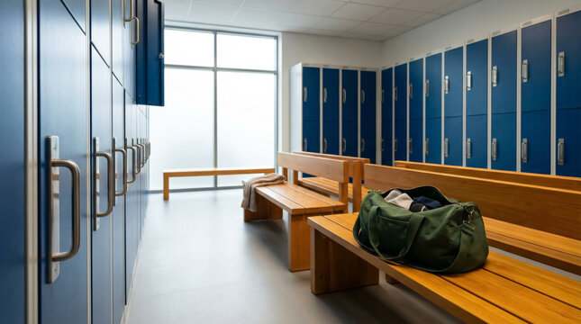 Empty locker room with blue lockers and wooden benches in a gym setting