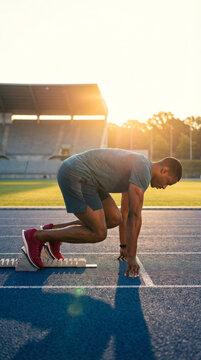 Young african male athlete preparing for sprint on track at sunset