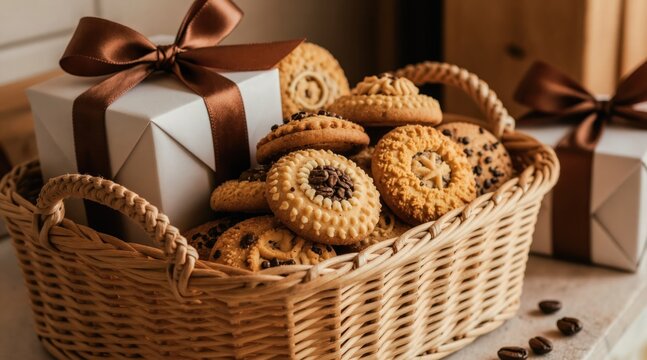 Wicker basket overflows with assorted cookies. Two gift boxes with brown ribbons sit nearby. Coffee beans scatter on the surface. A cozy treat selection.