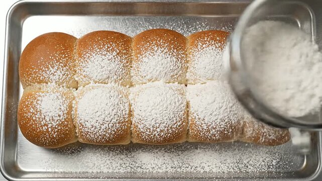 Top Down View Of Small Dinner Rolls On Metal Tray Being Dusted With Powdered Sugar From A Sifter