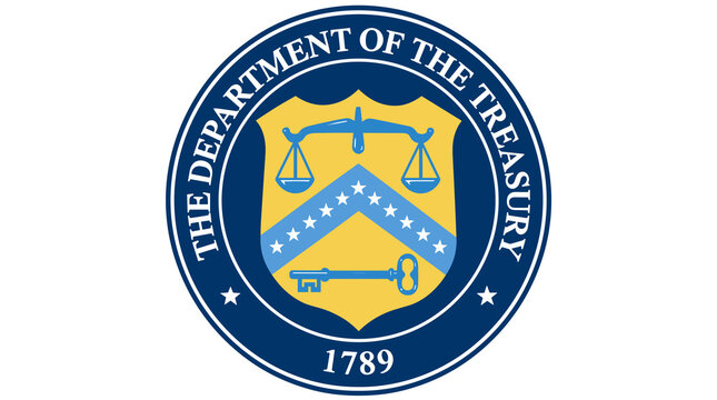 Government department seal with scales and key symbol on blue and yellow
