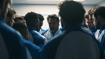 Fototapeta premium A mixed group of football players in blue and white training tops huddled around a coach, strategy board in a locker room before kickoff. Focused mood, soft overhead lighting, centered composition.