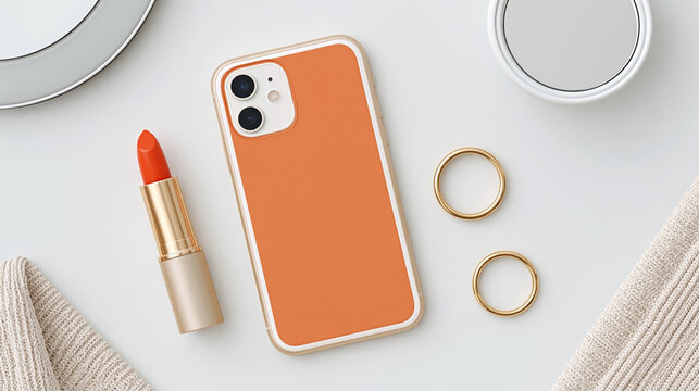 Stylish orange smartphone case with gold accessories and red lipstick on white surface