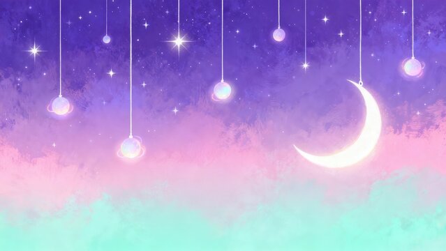 Starry night with crescent moon and hanging orbs