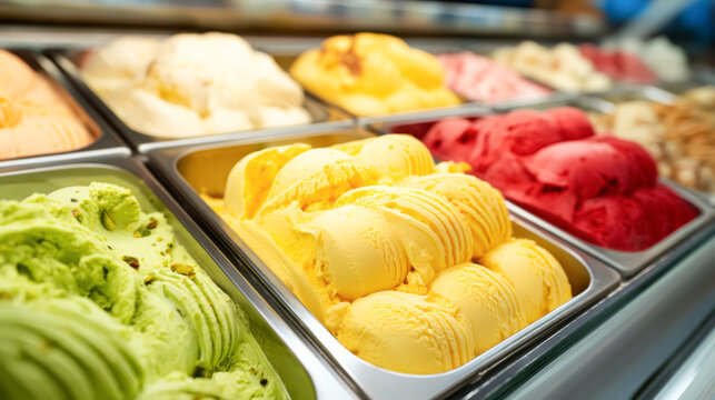 Colorful ice cream selection in metal trays at dessert counter