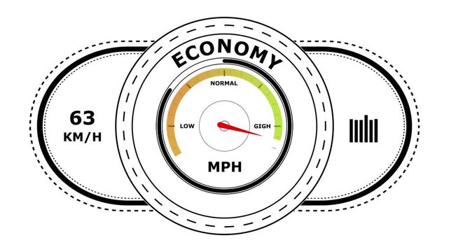 Economy speedometer gauge with red needle pointing to level on a white background for financial performance and national economic growth tracking