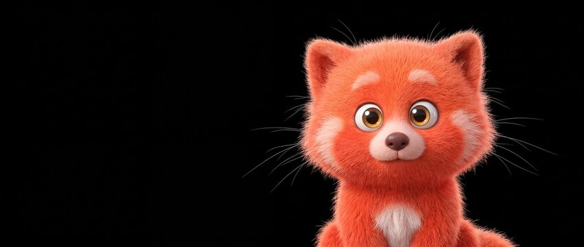 Cute red panda cartoon character looking forward on black background with big expressive eyes, adorable 3D mascot illustration, fluffy orange fur, wildlife animal banner design template asset graphic.