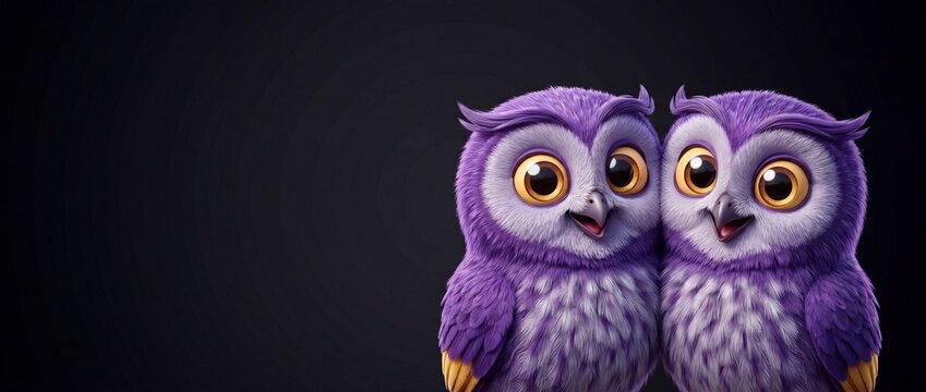 Cute purple owl cartoon couple smiling on dark banner background copy space. Big golden eyes, fluffy feathers, friendly bird characters, digital 3D illustration for kids web graphic design templates.
