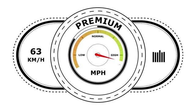 A circular speedometer displaying the word with a red needle pointing toward the range on a white background for data visualization