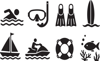 Premium Vector Icon Set of Summer Water Sports and Ocean Activities Featuring Swimmer, Snorkel Mask, Flippers, Surfboard, Sailboat, Jet Ski, Lifebuoy, and Marine Life Illustrations © raja