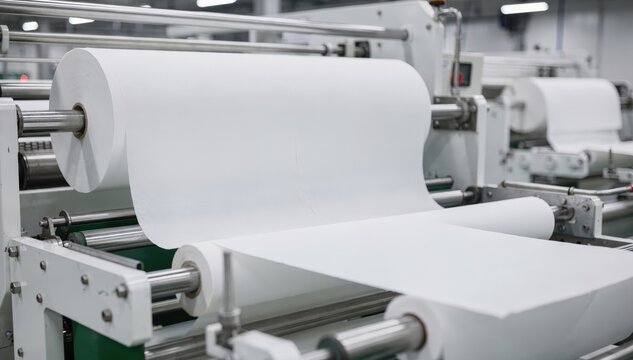 Medium shot of lightbleached recycled tissue line showing clean white sheets unrolling with ecofriendly manufacturing processes emphasizing environmentally conscious hygiene
