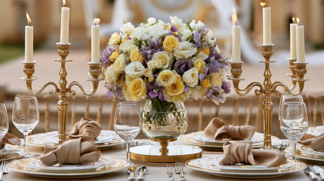 Elegant wedding reception banquet dinner luxury table setting with exquisite gold candelabras burning candles beautiful rose flower bouquet centerpiece golden plates and crystal wine glasses