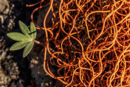 Parasitic plant with thin orange vines entwined over dry leaves. Single green leaf emerges from tangle. Focus on delicate green plant in chaotic orange structure, representing nature resilience,