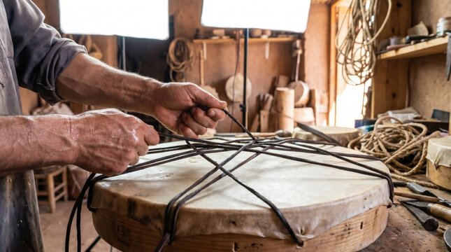 Drum maker interlacing a web of thick dark leather cords across the skin head of a flat frame drum