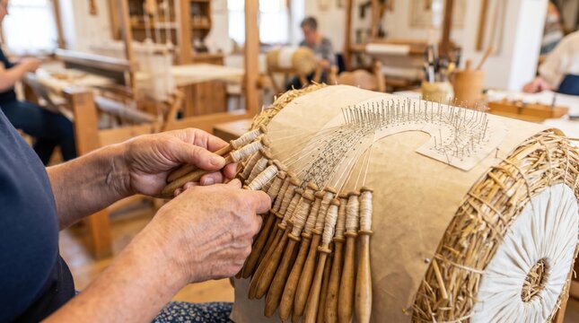 Lacemaker weaving white thread using dozens of wooden bobbins over a pinned pattern on a straw pillow