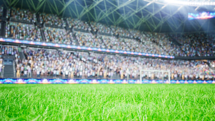 Close up of 3D rendered football pitch with stadium audience in background, green soccer grass field computer graphics and fans filling sports arena grandstands during match day. © DC Studio
