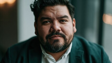 Obraz premium gen team lead young adult latino plus-size man thoughtful portrait