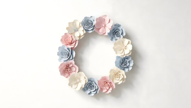 Paper flower wreath on white background