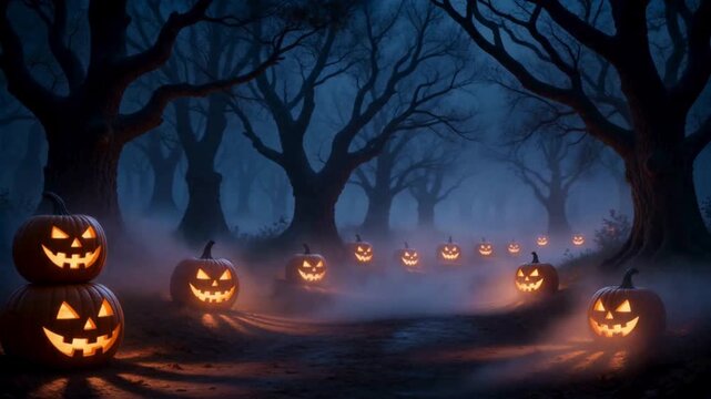 Spooky Halloween forest path lined with glowing carved jack-o-lantern pumpkins and thick mist at night