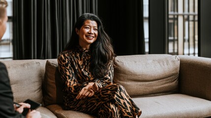 Fototapeta premium A confident businesswoman with long dark hair, dressed in a stylish patterned outfit, smiles during a professional meeting in a modern office. This scene exemplifies collaboration, networking, and