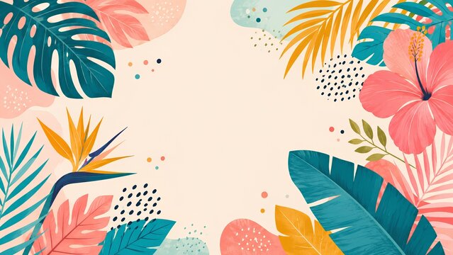Colorful botanical cutout collage border with tropical leaves and copy space
