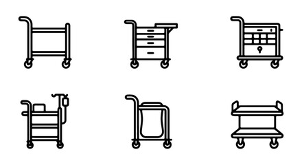 Medical Carts and Trolleys Vector Icons Set, Hospital Service Equipment, Healthcare Transport Equipment, Clinical Utility Carts, Medical Rolling Carts © AESAAKTER