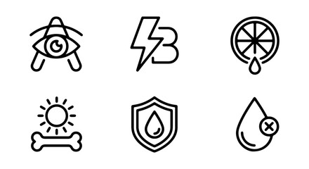 Health and Wellness Icons: Vitamin B, Eye Care, Hydration, Bone Health, Citrus Fruit, Medical Symbols, Vector Set © AESAAKTER