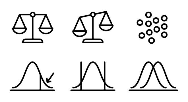 Statistical Analysis Icons: Balance Scales, Data Distribution, Probability Curves, and Data Points for Science and Business