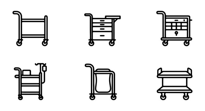 Medical Carts and Trolleys Vector Icons Set, Hospital Service Equipment, Healthcare Transport Equipment, Clinical Utility Carts, Medical Rolling Carts