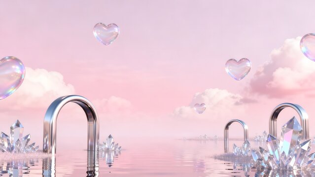 Floating heart bubbles and metallic arches over water