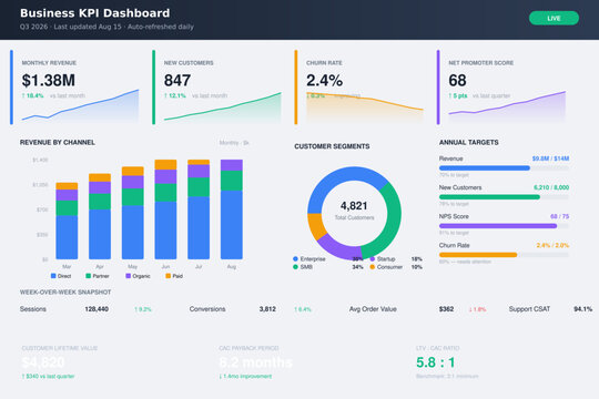 Business KPI Dashboard Template &mdash; Revenue, Customers, Churn and NPS with Sparklines and Donut Chart