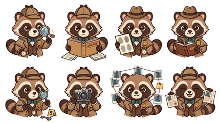 Obraz premium A collection of eight adorable cartoon raccoons dressed as detectives, engaged in various investigative activities like examining clues, reading files, and using magnifying glasses.