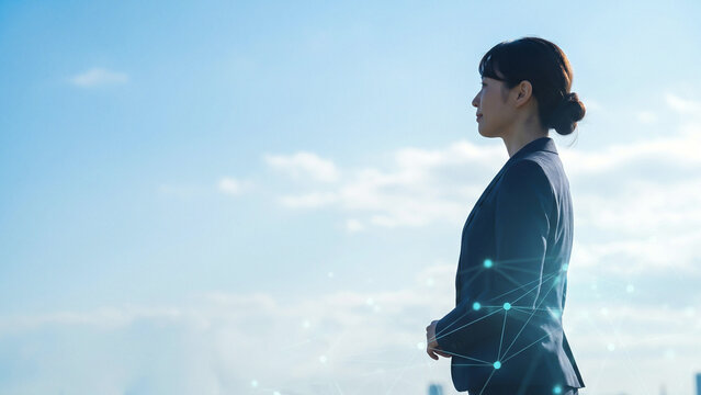 Silhouette businesswoman with glowing network connection blue sky double exposure innovation success vision Perfect for advertising recruitment presentation