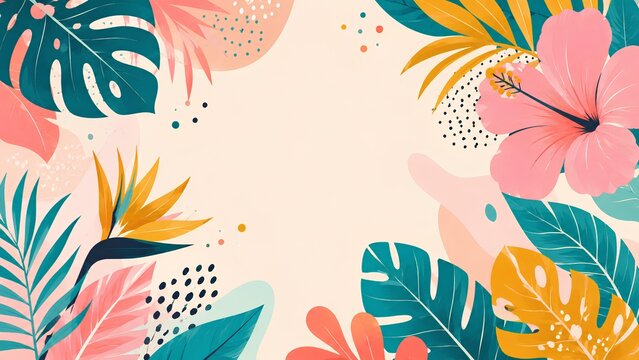 Colorful botanical cutout collage border with tropical leaves and copy space