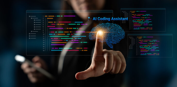 A modern concept of AI coding assistant featuring a dynamic touchscreen display with code and data visualization, illustrating the future of technology in programming and development. Cyphers
