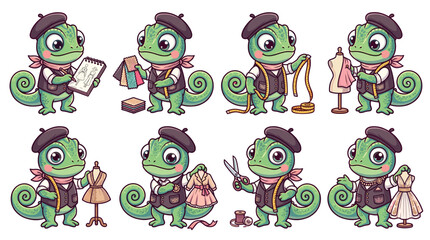 Obraz premium Collection of cute cartoon chameleons engaged in various fashion design and tailoring activities, showcasing their artistic skills.
