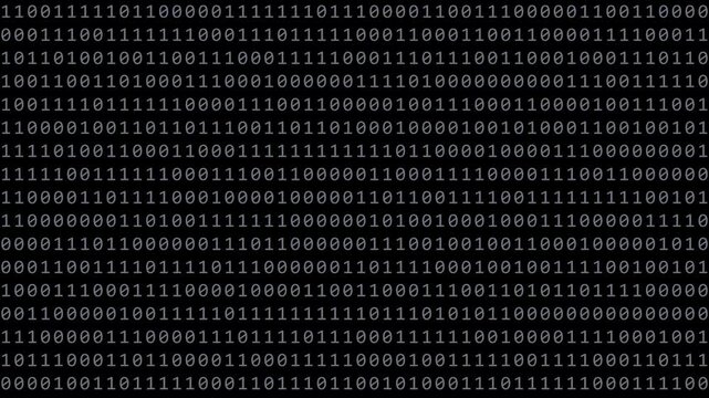 Binary Code on Black Digital Background. Rows of ones and zeros in a binary pattern create a digital data backdrop, symbolizing coding and information processing