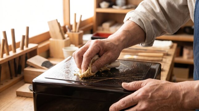 Artisan applying real gold leaf powder with a soft cloth to a black Japanese lacquerware box