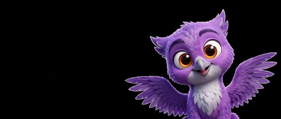 Fototapeta premium Cute purple owl cartoon character waving wings on black background with copy space, 3D digital fantasy little animal mascot illustration, cheerful wild bird creature, happy expression baby owlet looks