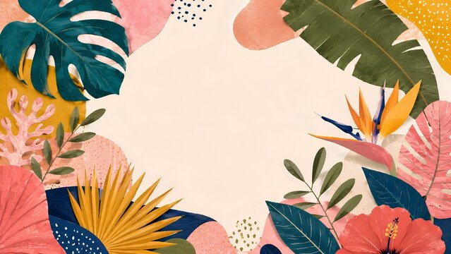 Colorful botanical cutout collage border with tropical leaves and copy space