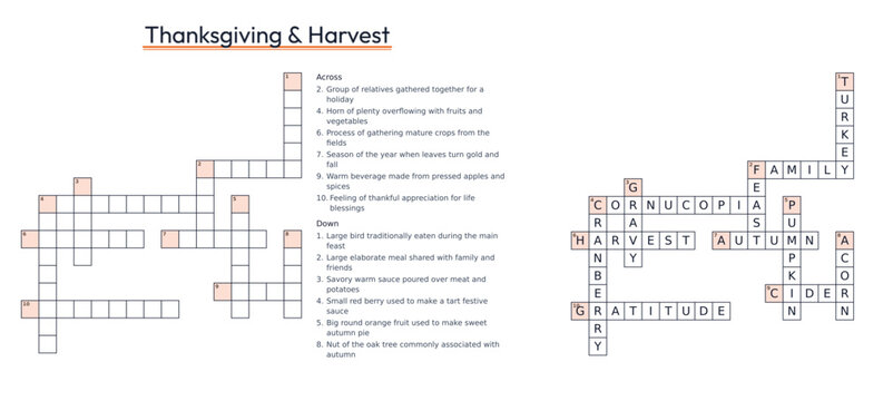 Holiday crossword sheet with answers, Thanksgiving and harvest themed puzzle worksheet for educational activities and festive seasonal entertainment