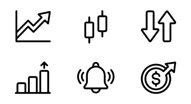 Financial Growth Icons Set: Stock Market, Analytics, Alerts, and Investment Symbols