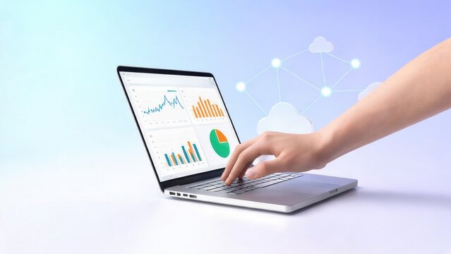 Person using laptop with data charts