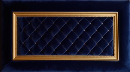 Naklejka premium Deep blue velvet panel with diamond stitching and gold trim. Rectangle shape with padded texture. Ornate furniture detail, luxurious interior element. Sophisticated background surface for design.