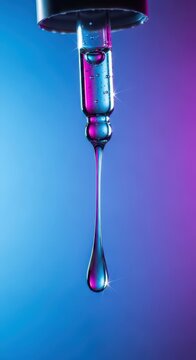 Close-up of micronutrient silver liquid dripping from a glass dropper bottle, emphasizing the metallic health supplement and purity, pure, shiny, alternative