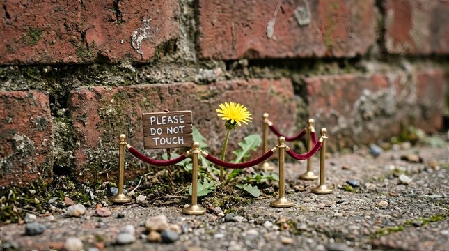 Small dandelion growing beside a brick wall with a do not touch sign