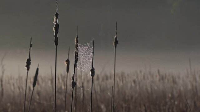 Backlit cattails and a visible spider web in a misty marsh landscape with natural wetland sounds.