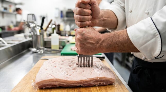 Butcher using a multi blade meat tenderizer to puncture the thick skin of a raw pork belly